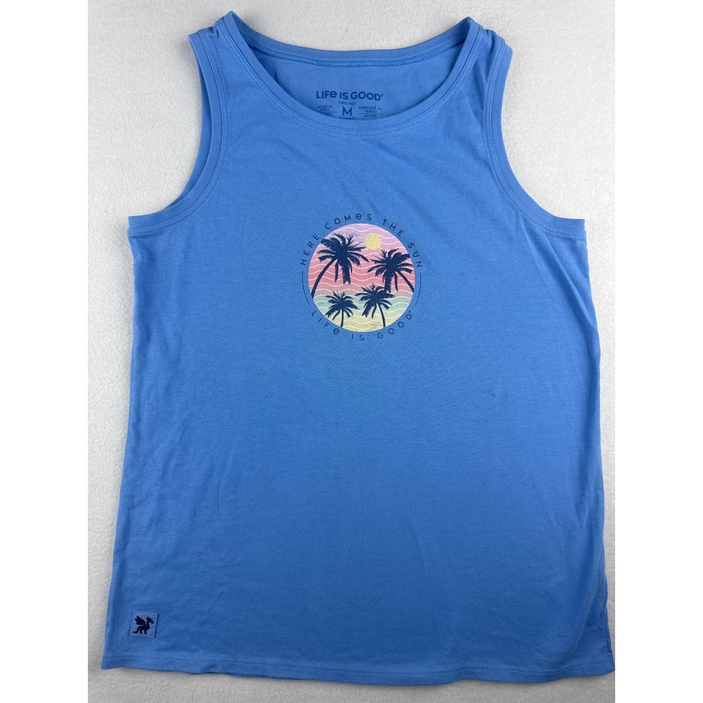 Life is Good Womens Crusher Tank Top Blue Here Comes The Sun Palm Trees Medium